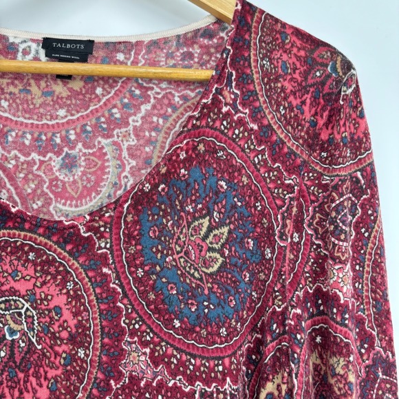 Talbots Women Pure Merino Wool Burgundy Paisley Sweater Large Lightweight Office - Picture 3 of 9